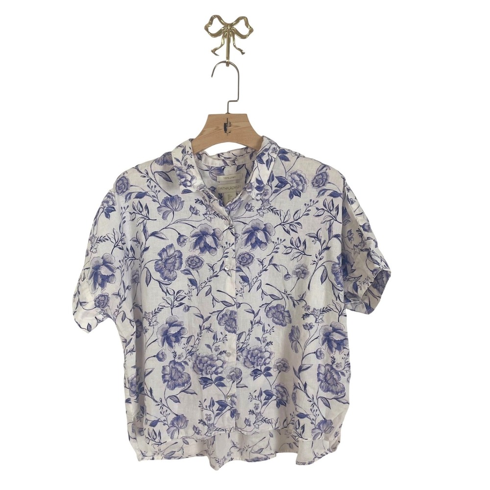 Cynthia Rowley Blue White Floral 100% Linen Button Down Shirt Large